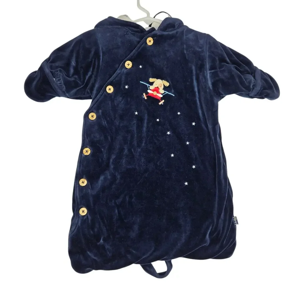 Vintage Le Top Baby Bunting Size 0-6 Months Newborn Puppy Dog Velvet Sack Navy